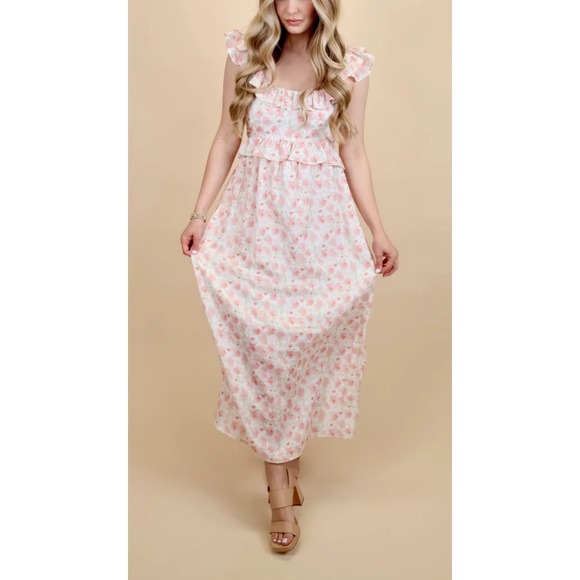 In February Floral Ruffle Dress Peony Pink Sleeveless Midi Tie Back Size M - Picture 1 of 7